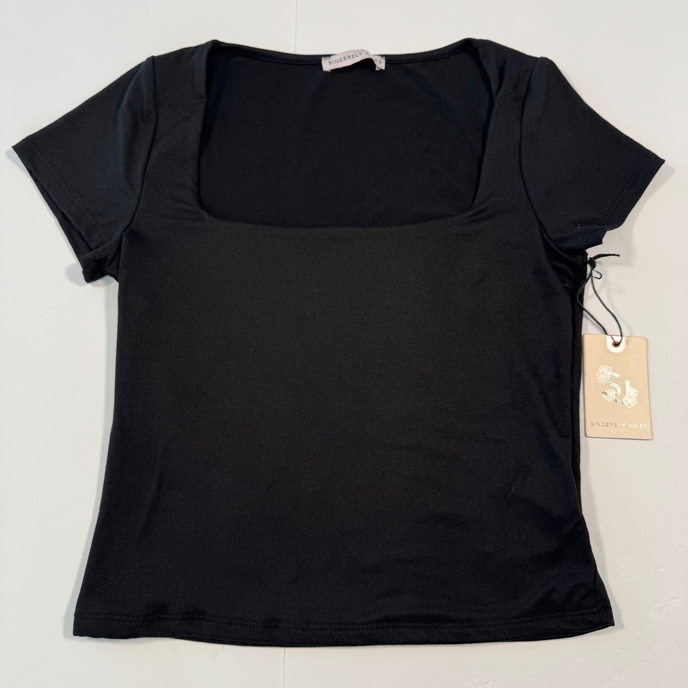 Sincerely Jules Womens Black Square Neck Short Sleeve Top T56041 Size M NWT